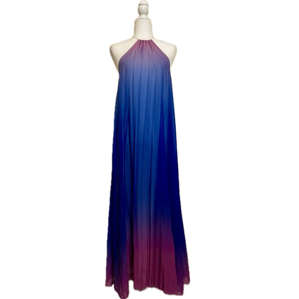 Blue, Pink and Purple Ombre Pleated Halter Dress, Size L